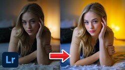 Before and after comparison showing portrait editing adjustments in Lightroom, with warmer color grading applied on the right.