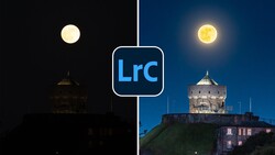 Split-screen comparison of a hilltop tower photographed in darkness and twilight, with LrC logo centered between them.