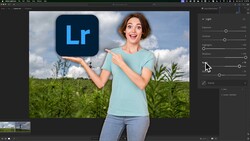 Woman in light blue shirt pointing at Lightroom logo against outdoor landscape background.