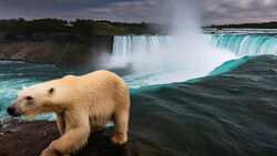 Polar bear standing on rocky shore with massive waterfall and turquoise water in background.