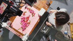 Overhead view of photographer adjusting lighting setup on pink floral arrangement display.