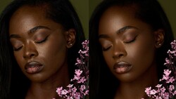 Side-by-side comparison of portrait retouching showing skin texture enhancement on a woman's face.