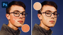 Side-by-side comparison showing skin retouching before and after in Photoshop.