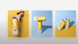 Three product photography mockups of yellow cans with minimalist branding displayed against blue and yellow backgrounds.