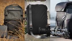Three camera backpacks displayed side by side, each showing different sizes and organizational features.