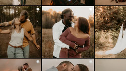 Grid of six couples' portraits showing intimate moments in outdoor settings during golden hour.