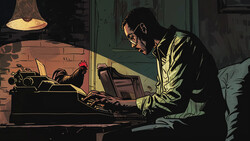 Illustration of a person working at a desk with a laptop in warm lamplight.