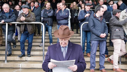 Man in purple blazer and brown hat reading newspaper while standing on stadium steps surrounded by spectators.