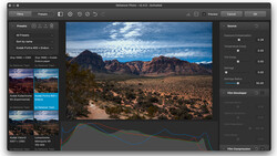 Screenshot of Dehancer Photos editing interface with desert landscape photo displayed.