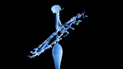 Blue water splash captured mid-air against a black background, with droplets suspended in dynamic motion.