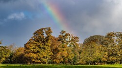 Rainbow arcing over a pastoral landscape with golden autumn trees and green meadow.