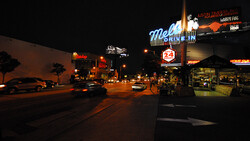 Neon-lit street at night with illuminated signs and storefronts along a commercial strip.