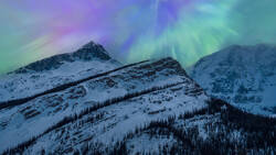 Snow-covered mountains with coniferous forest under vibrant aurora borealis display.