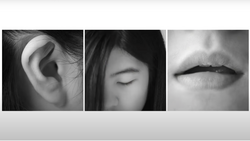 Black and white close-up portrait triptych showing an ear, closed eye with dark hair, and lips.
