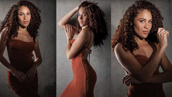 Woman with long curly hair in three portrait poses wearing brown and coral draped fabrics against gray background.