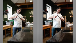 Side-by-side comparison of the same chef adjusting his apron in a professional kitchen, showing edited and unedited versions.