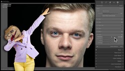 Screenshot of photo editing software showing portrait retouching with adjustment panels visible.