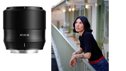 Viltrox AF 1.8/55mm lens alongside portrait of woman in black shirt on urban balcony.