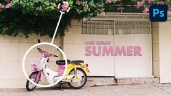 Two colorful bikes positioned against a concrete wall with pink flowering vines and "ONE GREAT SUMMER" text.