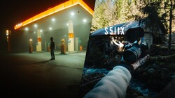 Split-screen comparison of an illuminated gas station at night and an industrial pipe with blue signage in a forest setting.