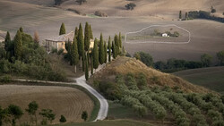 Aerial view of a Tuscan villa with cypress trees lining a winding driveway through rolling hills.