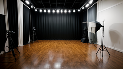 Professional photography studio with wooden flooring, black curtains, overhead LED lighting rig, and multiple studio light stands positioned around the space.