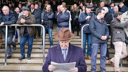 Elderly man in purple blazer and brown hat reading newspaper while seated among spectators on stadium bleachers.