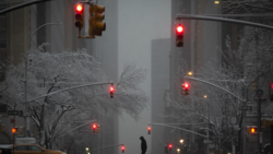 Snow-covered urban street with traffic lights and bare trees in heavy fog.