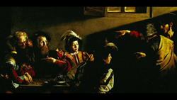 Baroque painting depicting a dramatic indoor scene with figures gathered around a table in warm candlelight against dark shadows.