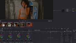 Screenshot of video editing software showing color grading interface with waveform monitors and timeline.