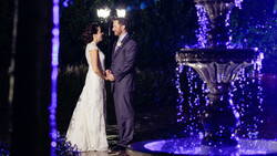 Bride and groom holding hands at night under purple ambient lighting and illuminated trees.