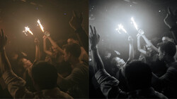 Side-by-side comparison showing warm and cool white balance renderings of a crowd with raised hands and sparklers at night.