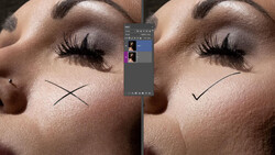 Side-by-side comparison of facial retouching techniques showing before and after skin smoothing adjustments.