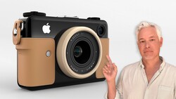 Concept render of a tan and black camera with Apple logo next to a man in a striped shirt.