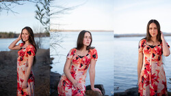 Woman in coral floral dress posed at lakeside in three sequential portraits.