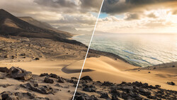 Split-screen comparison of arid desert landscape with mountain and sand dunes against ocean coastline with beach.