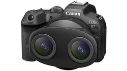 Canon EOS R7 mirrorless camera with dual lens setup mounted on front.
