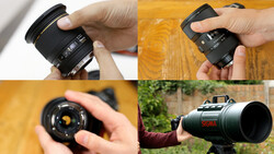 Four overhead shots of camera lenses held in hands, showing different focal lengths and barrel designs.
