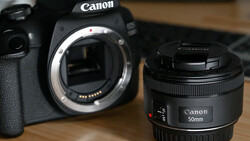 Canon DSLR camera body with detached 50mm prime lens on wooden surface.