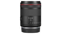 Canon RF 35mm f/1.8 macro lens with focus distance scale and distance markings visible on barrel.