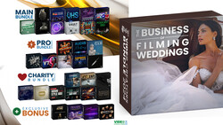 Product bundle display showing "The Business of Filming Weddings" course box with featured woman in white wedding dress, alongside multiple software and preset packages labeled Main Bundle, Pro Bundle, Charity Bundle, and Exclusive Bonus.
