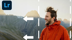 Man in red jacket smiling at camera with mountain landscape and editing interface overlay.