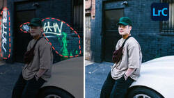 Side-by-side comparison of the same male subject in identical pose and location, demonstrating before and after photo editing.
