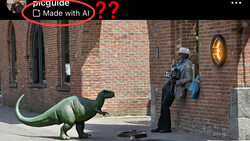 Digital illustration of a person in winter clothing standing before a large green dinosaur on a brick-lined street.