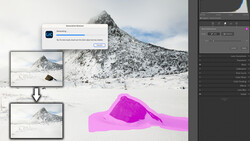 Screenshot of photo editing software showing a snowy mountain landscape with a magenta heat map overlay indicating luminosity data.