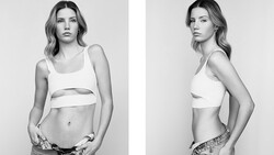 Two black and white portrait photographs showing front and side views of a woman in a white crop top and low-rise bottoms.