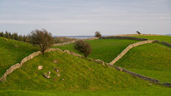 Rolling green hillside with stone walls and scattered trees overlooking a distant water body.