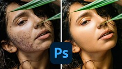 Side-by-side comparison of portrait retouching in Photoshop, showing before and after skin smoothing.