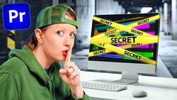 Screenshot showing Adobe Premiere Pro interface with a monitor displaying yellow and black tape with "SECRET" text repeated across colorful stripes.