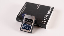 ProGrade Digital 250MB/s CompactFlash memory card next to its black retail packaging box.